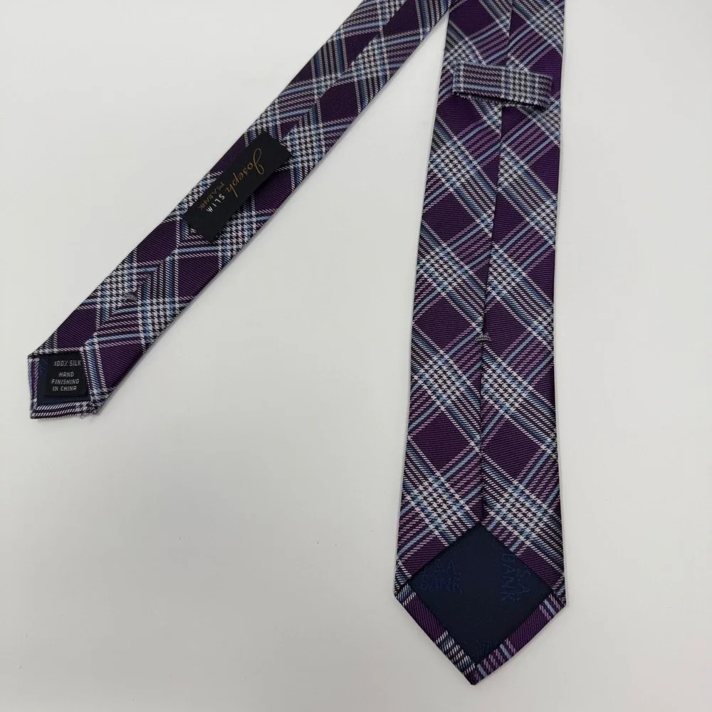 Jos A Bank Slim Tie 100% Silk Purple Blue Plaid Necktie‎ Mens Fashion